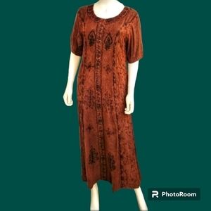 Vtg PURE GOLD Floral Embroidered Batik Tie Back Boho Festival Dress